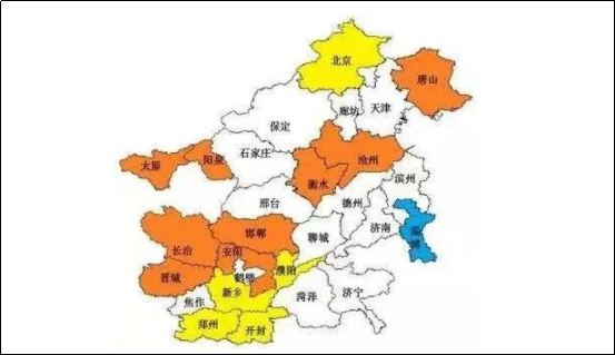 河北北部，山西北部，山東東、南部，河南南部部分城市。