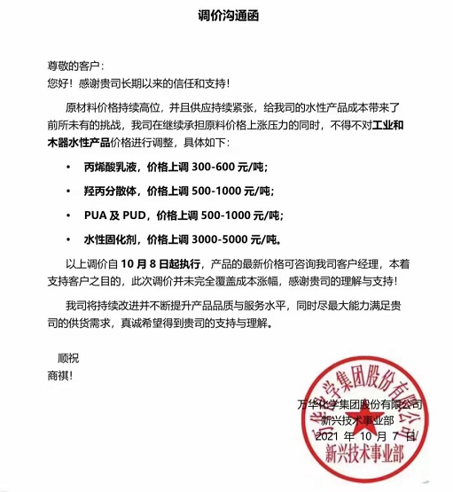 萬華化學(xué)發(fā)布調(diào)價溝通函