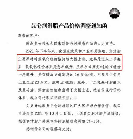昆侖潤滑油的調(diào)價通知單