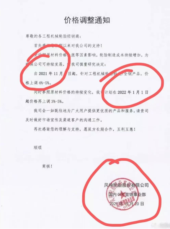 風(fēng)神輪胎、固鉑輪胎則宣布宣布旗下部分輪胎產(chǎn)品將分別于2022年1月、2021年12月1日開(kāi)始價(jià)格最高上調(diào)5%。