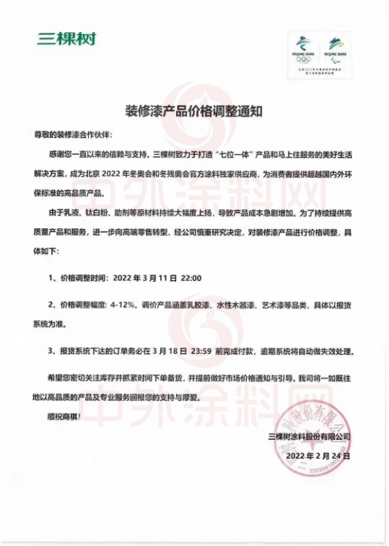 ，三棵樹涂料股份有限公司已于2022年3月11日 22:00對裝修漆產(chǎn)品價格進行了調(diào)整