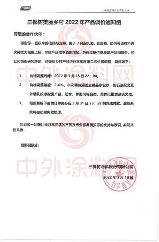 最高漲幅裝修漆12%！防水系列20%！美麗鄉(xiāng)村6%！三棵樹全線產(chǎn)品價格上調(diào)