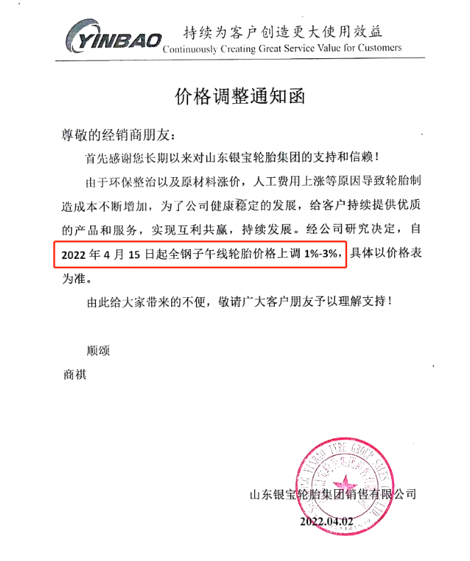 山東銀寶輪胎集團(tuán)銷(xiāo)售有限公司發(fā)布調(diào)價(jià)通知
