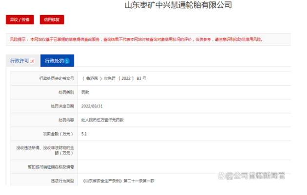 未按規(guī)設(shè)置安全總監(jiān)，山東棗礦中興慧通輪胎公司被罰5.1萬