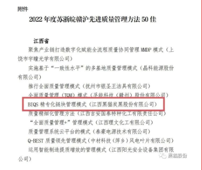 本次評(píng)選活動(dòng)由蘇浙皖贛滬四省一市市場(chǎng)監(jiān)督管理局聯(lián)合舉行，旨在積極發(fā)揮質(zhì)量標(biāo)桿組織的示范帶頭作用，通過(guò)宣傳推廣各類(lèi)可復(fù)制的先進(jìn)質(zhì)量管理方法，激勵(lì)更多企業(yè)加強(qiáng)質(zhì)量管理，追求卓越績(jī)效，促進(jìn)區(qū)域內(nèi)質(zhì)量發(fā)展水平的整體提升。黑貓股份選送的質(zhì)量成果案例經(jīng)過(guò)景德鎮(zhèn)和省市場(chǎng)監(jiān)督管理局初選、推優(yōu)、評(píng)選，從上千個(gè)案例中脫穎而出，最終入選50佳先進(jìn)質(zhì)量管理方法。