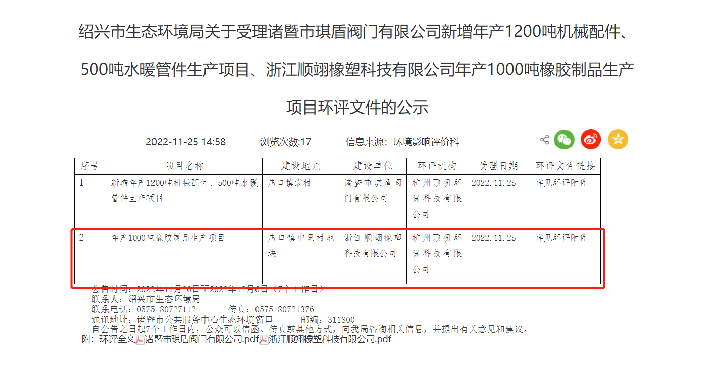 浙江順翊橡塑科技有限公司年產(chǎn)1000噸橡膠制品生產(chǎn)項(xiàng)目環(huán)評(píng)文件，對(duì)外公示。