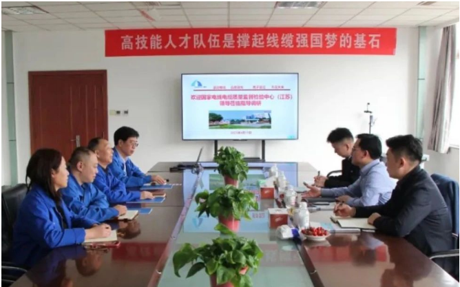 國家電線電纜質(zhì)量檢驗(yàn)檢測中心(江蘇)吳江主任一行蒞臨青島豪邁電纜集團(tuán)有限公司進(jìn)行考察調(diào)研。雙方就品質(zhì)管理、檢驗(yàn)試驗(yàn)?zāi)芰Φ确矫嬲归_交流。