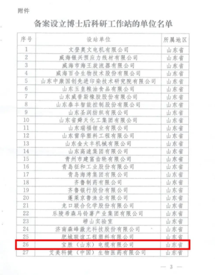 全國(guó)博士后管委會(huì)辦公室近日公布了2022年第二批博士后科研工作站新設(shè)站單位名單。寶勝(山東)電纜有限公司作為副會(huì)長(zhǎng)單位成功入選該名單。