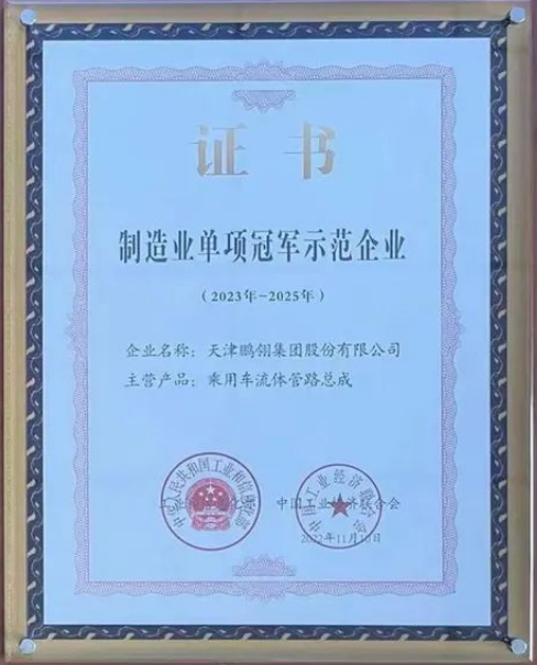 鵬翎集團憑借其在乘用車流體管路領域的卓越貢獻，成功入選為“第七批國家級制造業(yè)單項冠軍示范企業(yè)”。